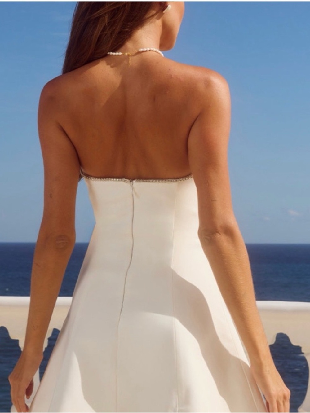 White Strapless Mini Dress with Rhinestone Trim - Picture 6 of 7